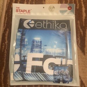 A medium size pair of Blue white and black ethika